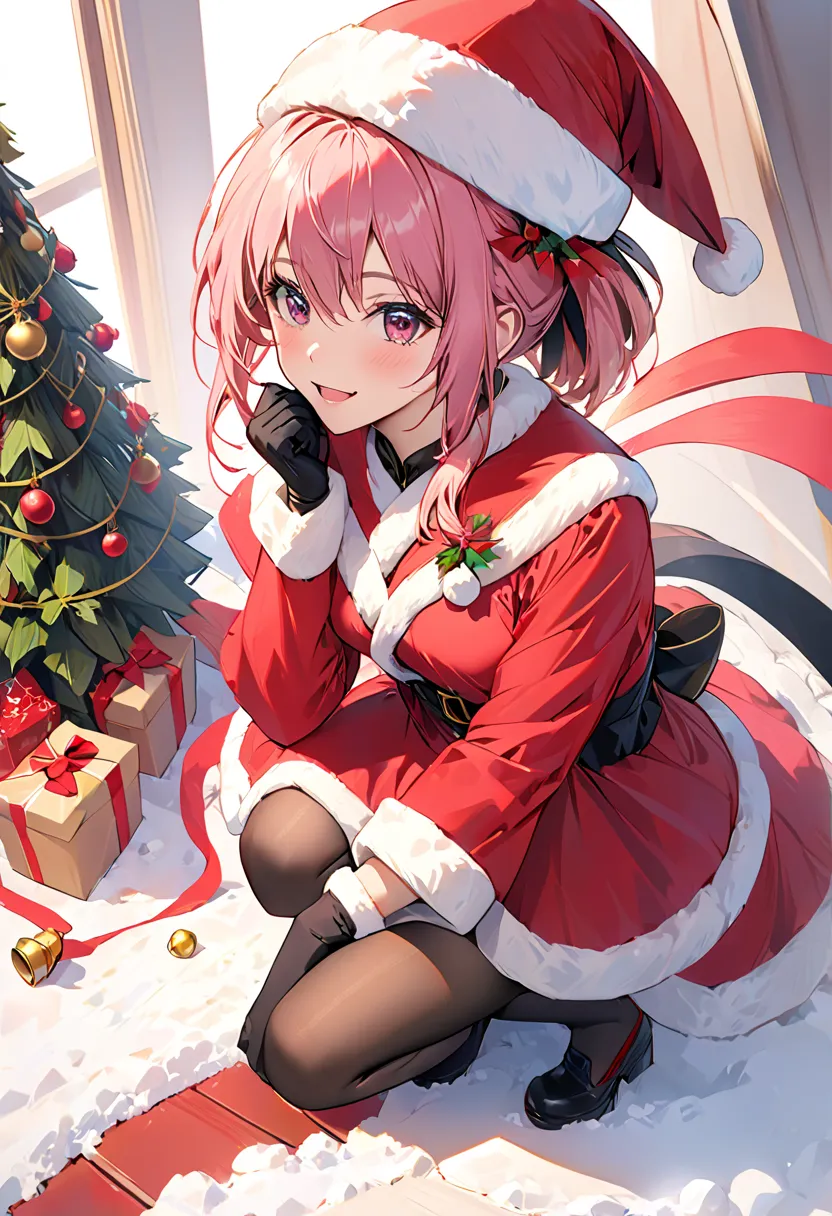 masterpiece,1 girl crouching, Serina,pink_hair, gloves, black_gloves, fur_ trim ,  above Decorati has , Santa_Costume,  christmas, open_mouth, smile, Bell, Alone, red_hat, pantyhose, white_background, pink_eye, Santa_ above Decorati has ,