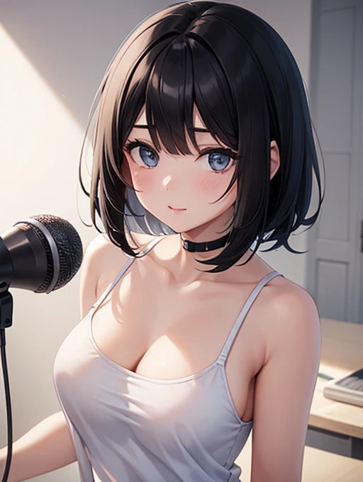 one girl, black haired bob,white camisole,Chest Valley,Grab the microphone