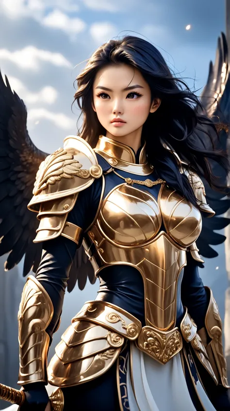 A young Asian warrior woman of tall, imposing stature, wearing shiny bronze armor that highlights her strong, feminine muscles. Her face is of rare beauty, with elegant features and an expression of determination and strength. Her skin is extremely milky w...