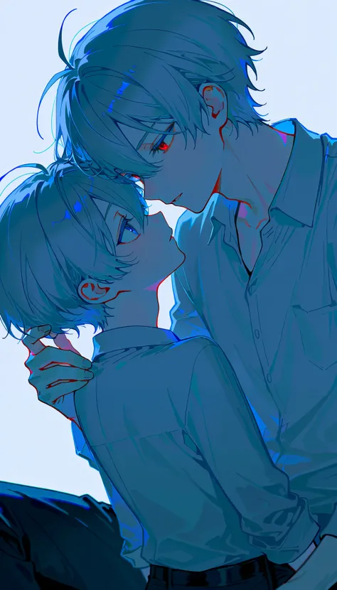 Two people　One person、 is short　Shota　male　 cute　Silver Hair　Blue Eyes　 short　 second person 、Tall　male　Dignified　Gray Hair　 Red Eyes　 facing each other 