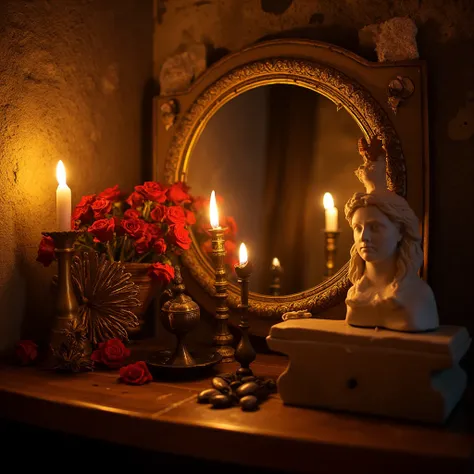 Realistic close-up of a realistic domestic altar in devotion to the wine god Dionysus. The scene includes a burning candle softly illuminating the environment, a detailed statue of Dionysus,  red roses, a large golden mirror and an oratory table richly dec...