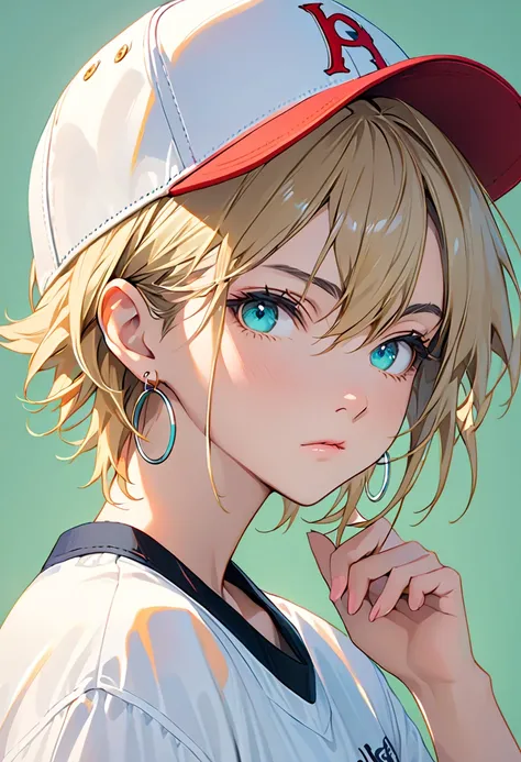 Tetsuya Nomura, masterpiece, best quality, 1 girl crouching,  Aqua Eyes, baseball cap, blond hair, closed my mouth, earrings, green background,  above Decorati has , hoop earrings,  jewelry, viewer,  shirt,  short hair, simple background, Alone, upper body...