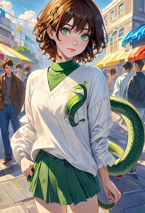  There are no pants , short brown hair, Neck Length, green eyes,  digital painting inspired by Thomas Hanukkah,  trending on pixiv, Serial Art,  snake gesture style closeup , Full body details, casual clothes, Style Anime, Anime style ultra detailed, anime...