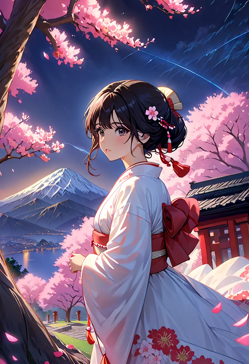 (best quality, masterpiece),(1 girl crouching, Shrine maiden,  comments,  Emoji,  dark eyes, Look ahead ,  black hair, walk, upper body), (Night maze sky, Behind a big old tree, pink glowing petals falling behind, The shrine behind, Mountain Background, Bl...