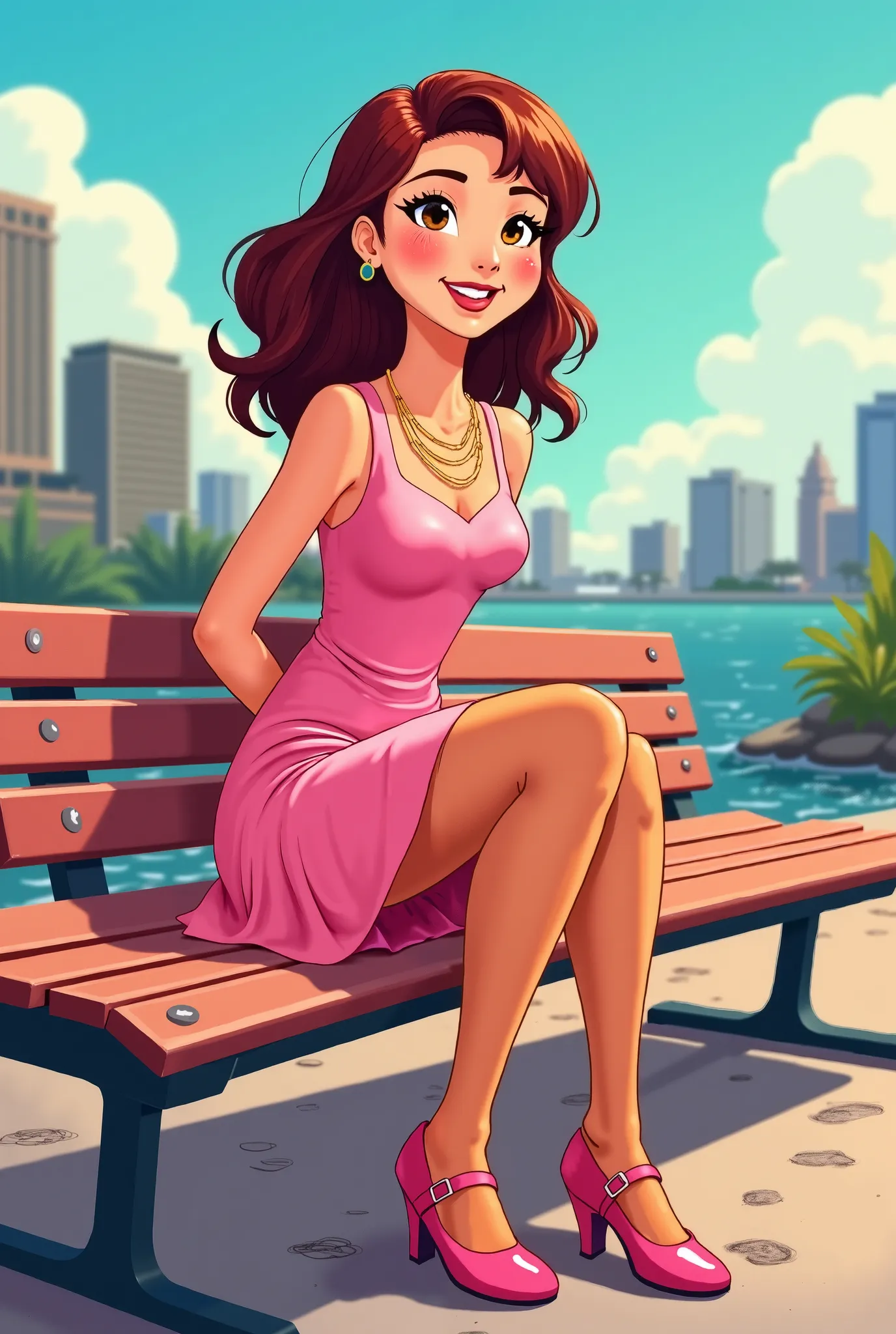 Tip: A very lovely  beautiful Asian American woman being happy alone on a bench in Downtown San Diego in the sun… The illustration is a high definition illustration with 4k resolution., with highly detailed facial features and cartoon style visuals, pink k...