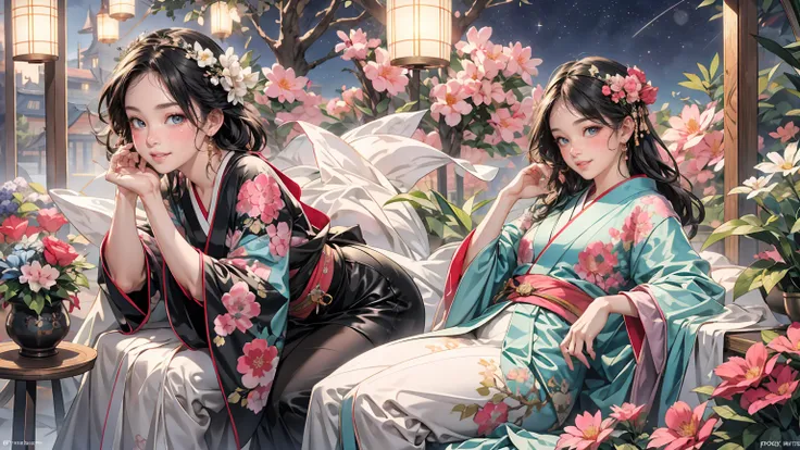 woman,  black kimono、 Sitting Poses, Sky full of stars、 perfect body, Japanese veranda、 Fantastic