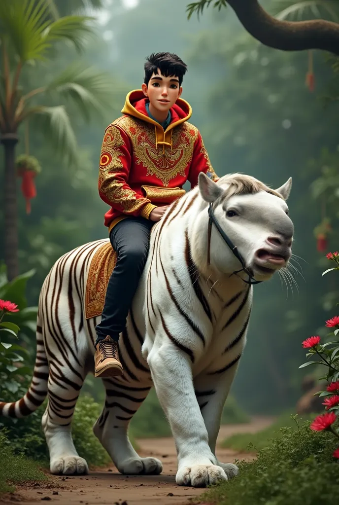 Make a handsome young white Indonesian man sitting on the shoulders of a large white tiger wearing a Hoodie sweater with the name pawang macan kumbang ,warna emas merah, sedang di taman