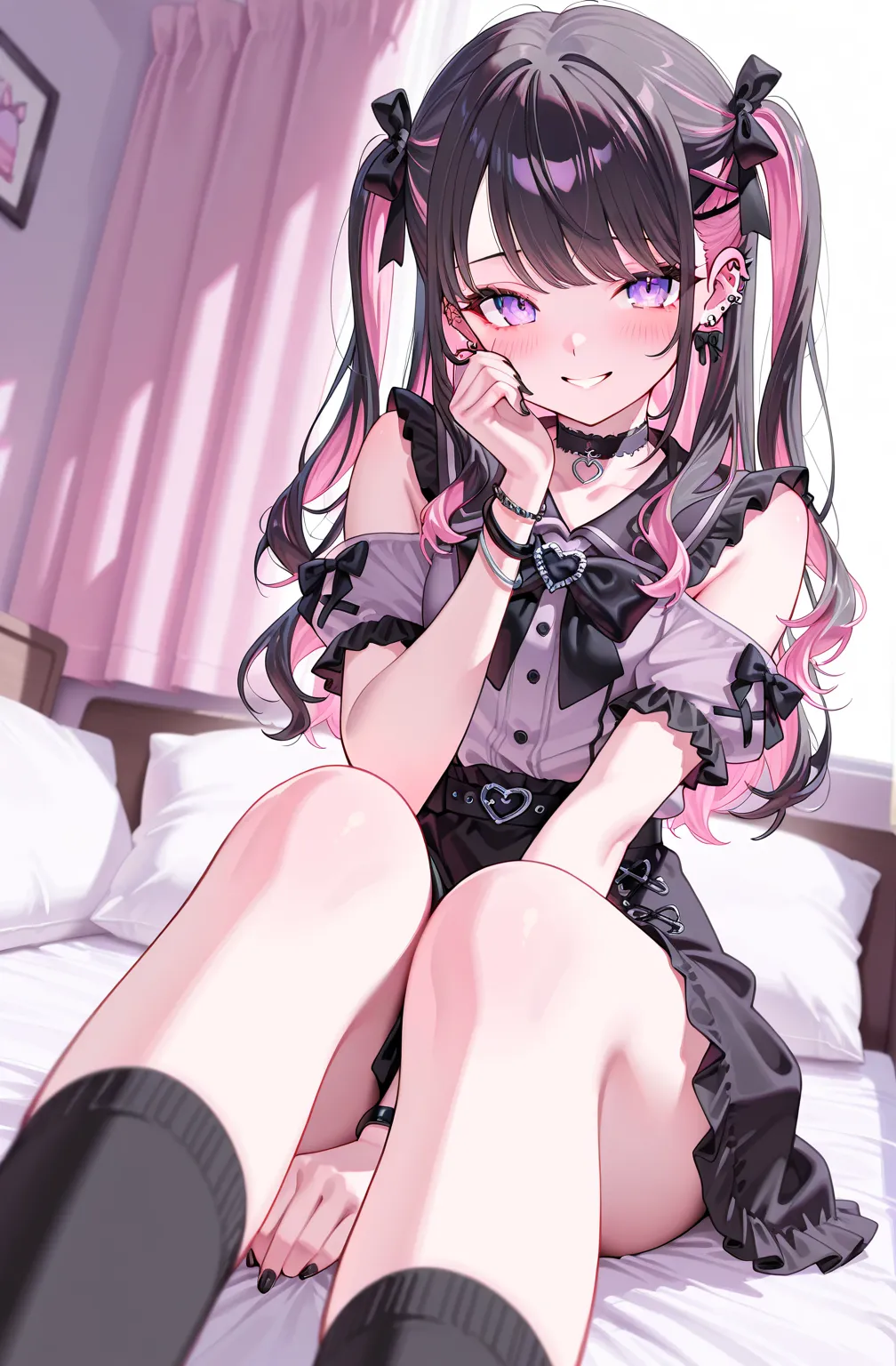  one woman, black hair, pink inner color hair,  purple eyes、 with shy expression、 long hair、 wave hair、Black Nails、 Ruffled Clothes 、 indoor, Sitting in a bed correctly, shy smile,
jirai kei, 1girl, piercing, socks, solo, ear piercing, blush, bangs, skirt,...