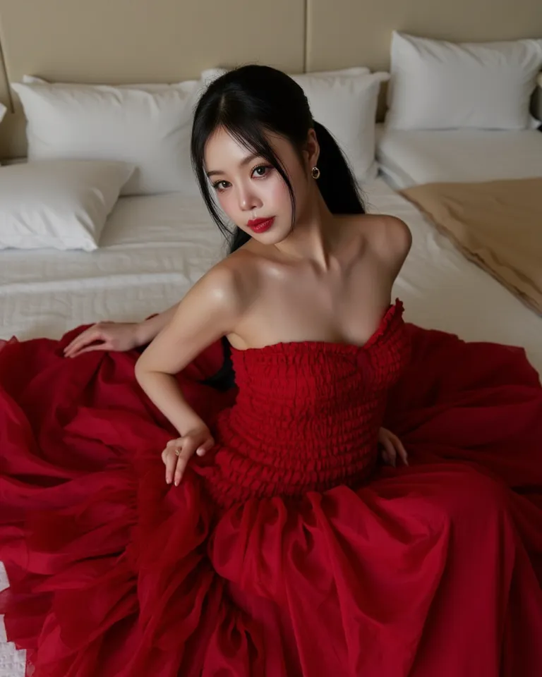 araffe woman in a red dress sitting on a bed, tumblr, realism, Soojin, elegant seducing pose, Soojin of (G) I-dle, cute elegant pose, Seo Soojin, elegant pose reclined, sexy dress, masterpiece, 4k