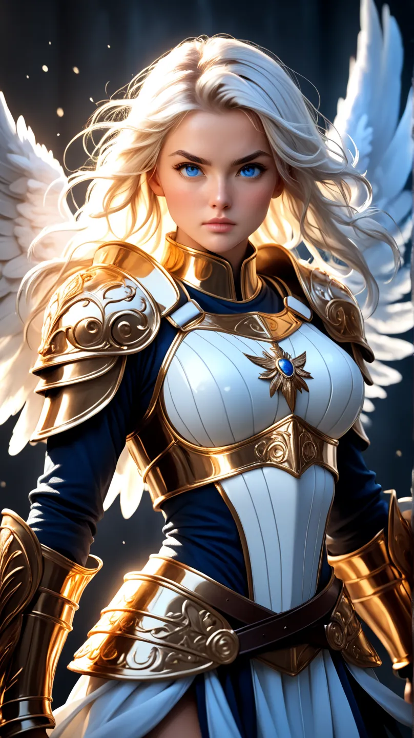 A young Norwegian warrior woman of tall, imposing stature, wearing shining bronze armor that highlights her strong, feminine muscles. Her face is of rare beauty, with elegant features and an expression of determination and strength.
Her skin is extremely m...