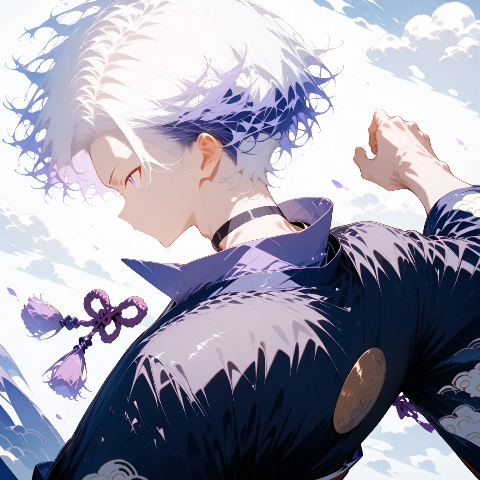 masterpiece, high score, great score, absurdres,
1boy,action pose,open hand,male focus, upper body,20-yo, クモイエイテル, toned,twink,white hair, side-parted, lilac highlights,purple eyes,avant-garde japanese clothes,cloud pattern,black choker,open collar shirt,p...