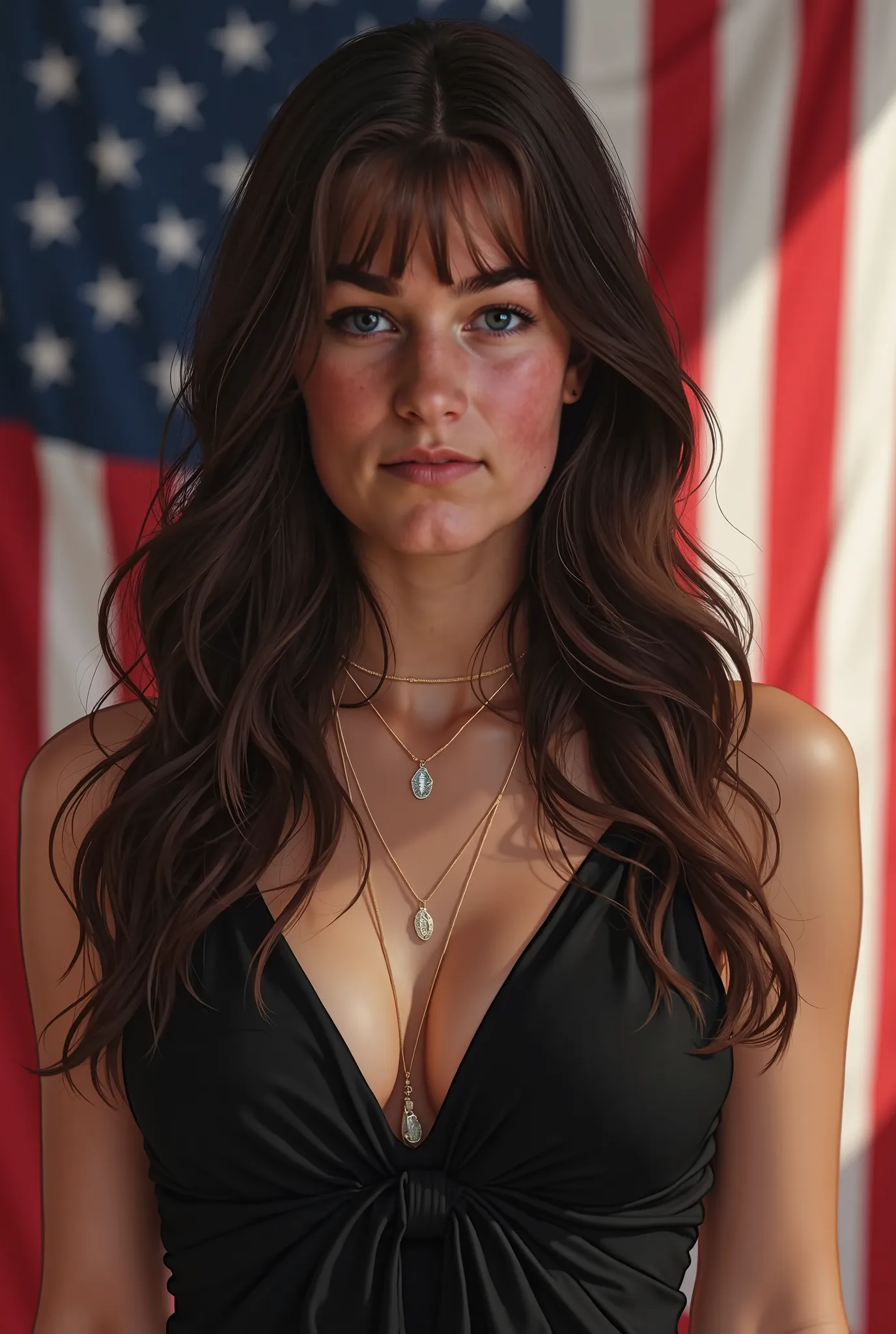 Draw this girl in a black dress in college, That his face is the same and that he has a sad expression, of course he wears a small necklace and that the United States flag can be seen in the background