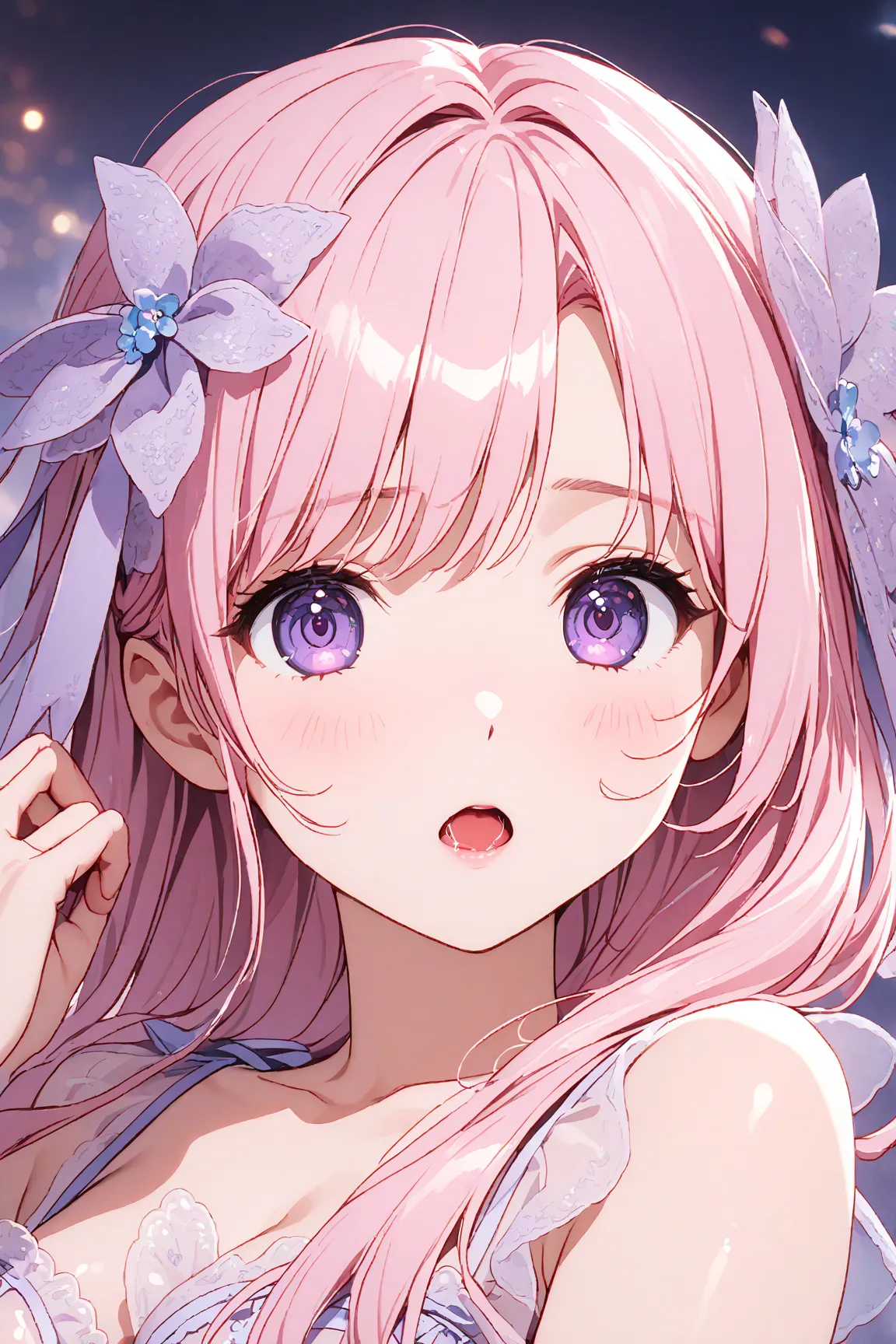 dorothyrnd, pink hair, long hair, hair bun, braid, purple eyes, large breasts ,wet 、 juice 、dynamic、（ viewed from directly below:1.5)、（  Gloomy Eyes:1.3）, saliva 、   open your mouth 、( masterpiece:1.3),    dynamic Poses、 shiny skin,  delicate depiction,The...