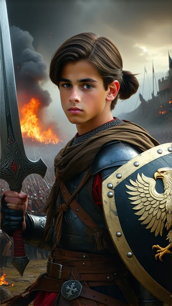 YOUNG WARRIOR WITH BROWN HAIR WITH A PONYTAIL, YOUTHFUL AND ROBUST APPEARANCE, red eyes, HE WEARS A LEATHER-COVERED GARMENT WEARING A NECKLACE WITH A CROSS, HE CARRIES A GIANT SWORD AND A SHIELD WITH AN EAGLE COAT OF ARMS, AGAINST A BACKDROP OF WAR AND CHA...