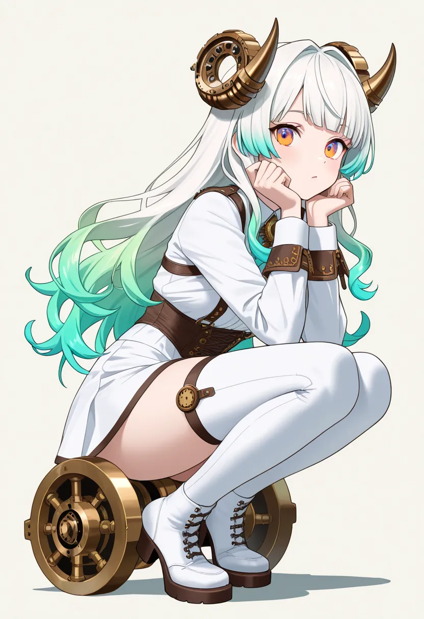 ((Live 2D))  masterpiece, 1 girl crouching, full body,  straight,  steampunk costume, uniform, viewer, detailed face, girl with green wave hair, bangs, Metal Ram Horns, gradient hair, colorful hair,  light green hair,  Turquoise Hair Tips, wave hair,  grad...