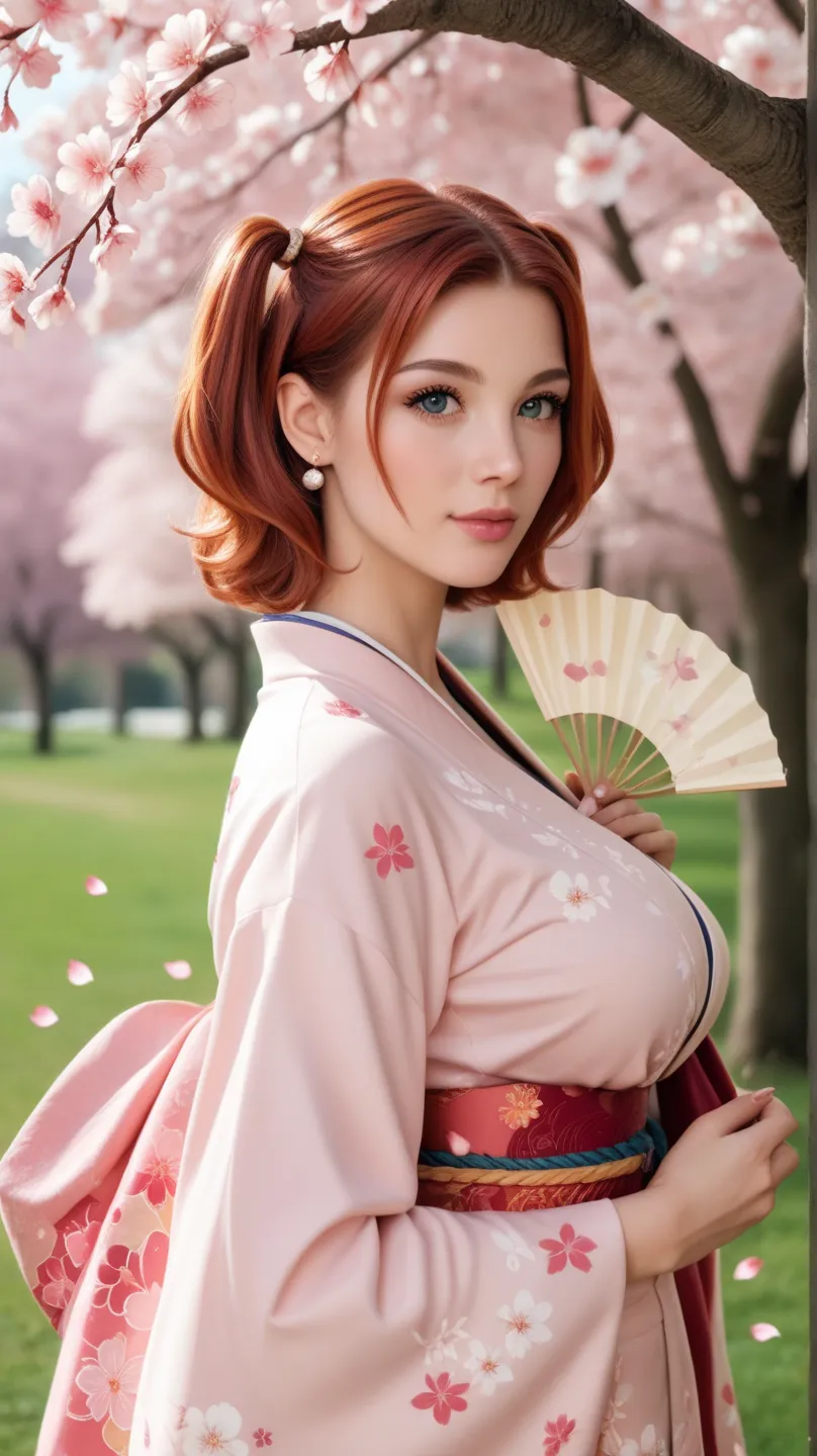 A beautiful young woman with short hair, auburn hair, two side up, big saggy breast, poses elegantly in a tranquil park filled with blooming cherry blossom trees. She wears a traditional Japanese kimono adorned with intricate patterns, gracefully holding a...