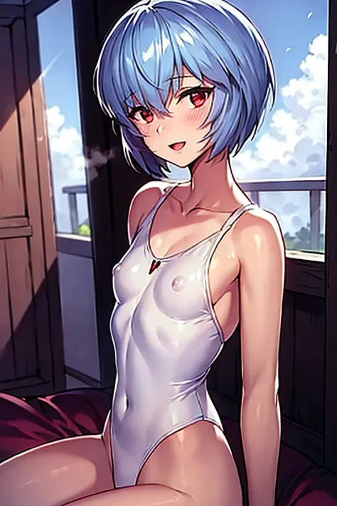 ((Best Quality)), ((masterpiece)), (be familiar with), perfect face, indoors, bedroom, viewer,
One woman, Rei Ayanami,
open mouth, steam clouds drift, blush, smile,
 small tits, flat chest, Young girl,  lori,  ,  girl,
Short Hair, short hair,
 open,