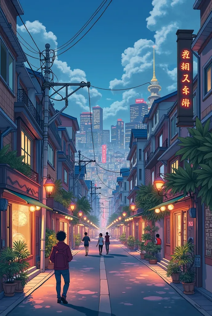 Create a cell phone wallpaper of a city street with cars, houses, lighting, a very nice wallpaper, with an art style between manga and anime but without people and that it's nighttime 