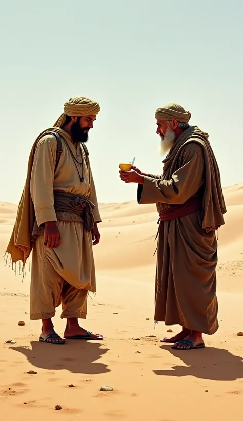 A middle-aged Persian merchant man  with a bloody body and torn clothes standing next to a old poor man who offers him bread and water in a desert