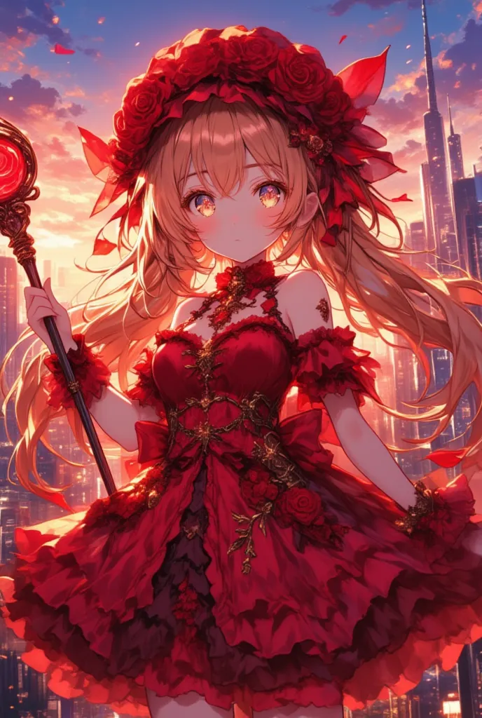 close up face, chibi, deformed, Against the backdrop of the evening cityscape, a magical girl dressed in frilly red rose attire stands. Her dress is a vivid red, with layers of frills resembling rose petals, captivating those who see her with its beauty. H...