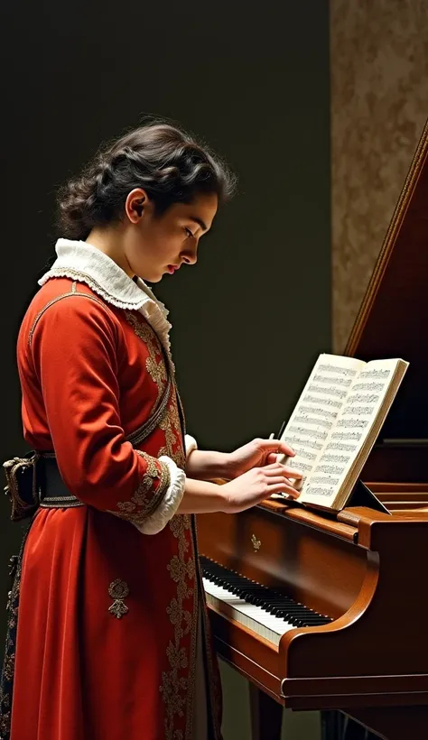 Create an image of Domenico Scarlatti teaching one of his students on the harpsichord ,Domenico Scarlatti is teaching his student how to create sonatas ,She's on the spot and he's standing up explaining it to her ,The student's appearance and black hair an...