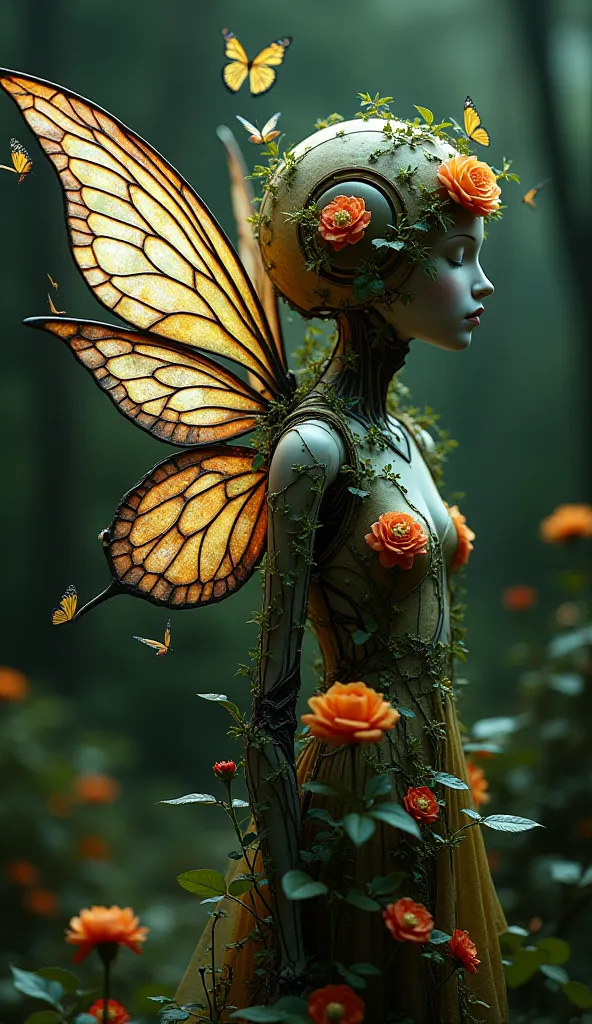  merge ,A puppet fairy figure wrapped in a vine of plants and flowers,　Deep Forest,　GLOWING CUE FULL BODY, 　Art Nouveau,　fantasy,　 cyber ,  a fair-skinned 's face that seems clear even though it's a machine, 　sleeping,  The body is a machine, Hair is green...