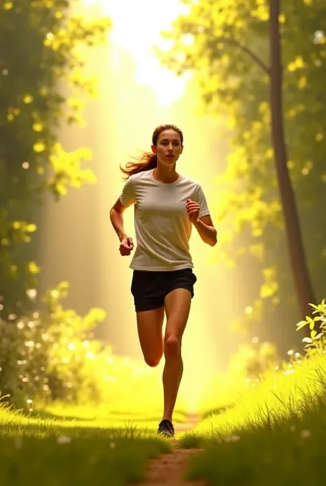 The person confidently running in a park or outdoors, surrounded by positive energy and light,  symbolizing movement and action .