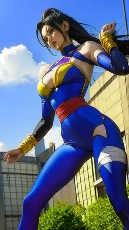  Vegeta costume、long legs、Black Hair Fluttering in the Wind、glamorous、Has Bandages on Both Hands、take a martial arts stance、Also々Performance、thin waist