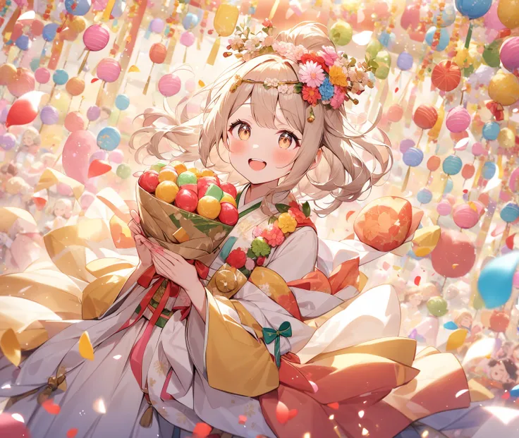 A joyful young girl celebrating Hinamatsuri, holding colorful hina-arare sweets in her hands, surrounded by a vivid and cheerful backdrop. The scene is full of lively colors reminiscent of candy, enhancing the festive atmosphere. Delicate sakura petals are...