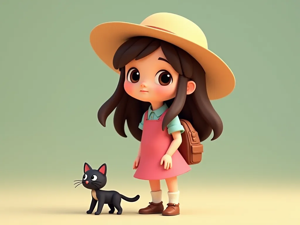 The character in the picture is a  with a cute appearance and a simple rustic style.

External appearance:

She has long brown hair that falls over her shoulders..
She wears a beige straw hat, giving her a classic touch..
Her eyes are wide and reflect the ...