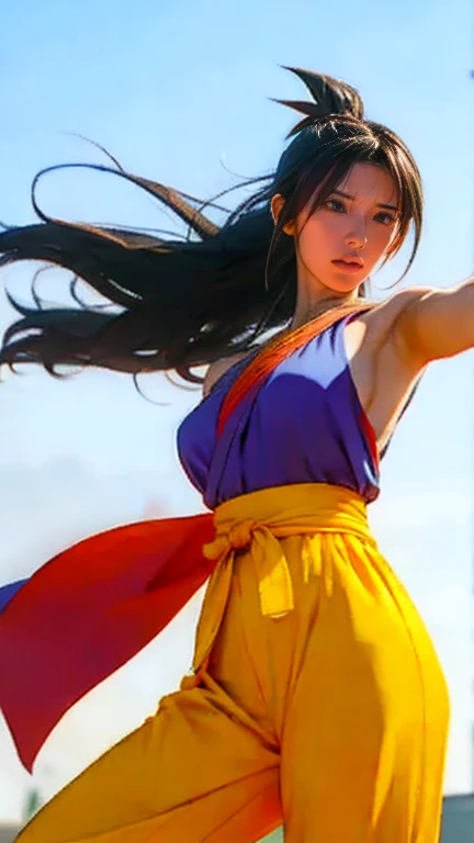  Goku Costume、long legs、Black Hair Fluttering in the Wind、glamorous、Has Bandages on Both Hands、take a martial arts stance、Also々Performance、thin waist