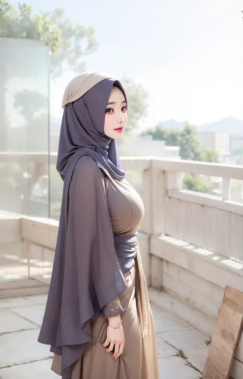 cute korean girl with huge breasts, wearing hijab, cute hijab, nipple, photorealistic, 8K, high quality, detailed, vivid colors, masterpiece, physically-based rendering, studio lighting, Korean female with large breasts, hijab headscarf, realistic, intrica...