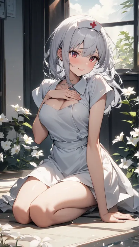 (Best Quality, ), beautiful woman (Scarlet Eyes), elements.well-groomed face、shy expression、 Silver Hair、 scarlet eyes、 Smile(holding a bow)、Ultra High Definition, girl in nurse clothes、綺麗な桜のwind景、solo, 1 girl crouching, chest, A flower that flutters softl...