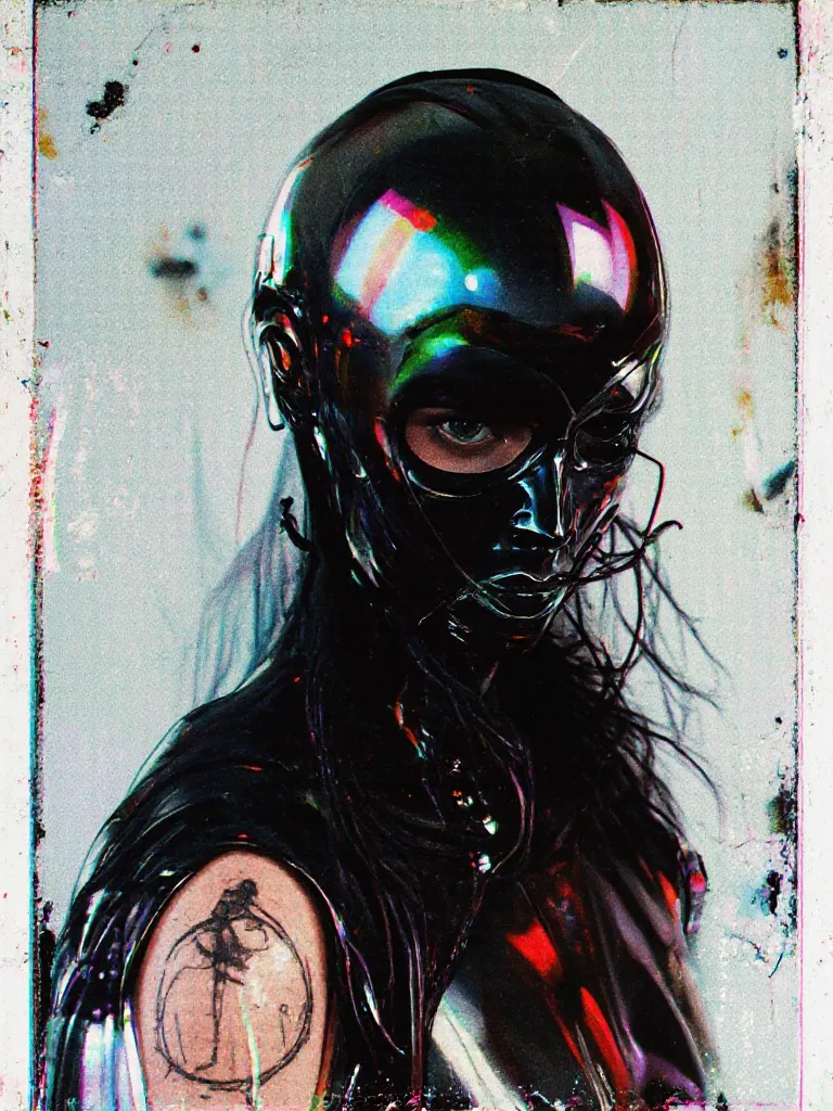 
Gritty scifi concept art and avant garde post photography. Create a captivating half-body shot of an abstract sci-fi faceless android mannequin, exuding an aura of futuristic mystery. The mannequin should be crafted from reflective holographic gloss black...