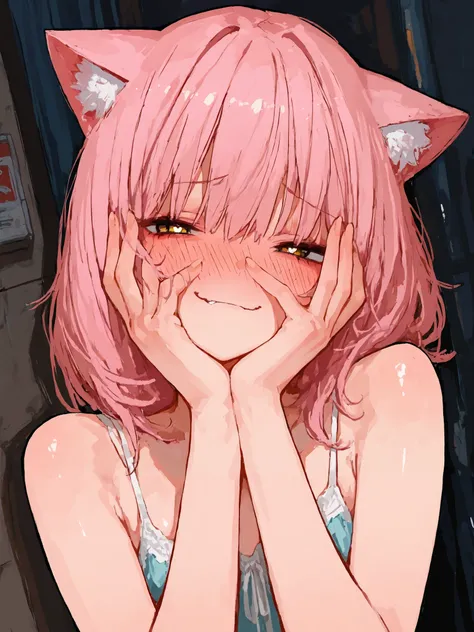 Masterpiece, (best quality), 4k, 8k, flawless, detailed, warm and comfy street, 1girl, catgirl, girly pop, stylish, amazing beauty, shy smirk, covers face with hands, blushing, small breasts, detailed eyes, (detailed background:0.9), shiny skin, 748cmstyle