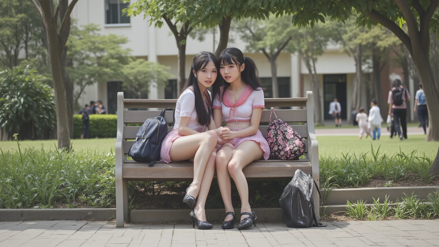 Two Asian School girls. cute with young faces.  wearing school girl uniforms and high heels.  micro mini skirts and crop tops.  Their breasts are very large.  You can see their cleavage. They are sitting on a bench in a high school campus.  Cuddling with e...