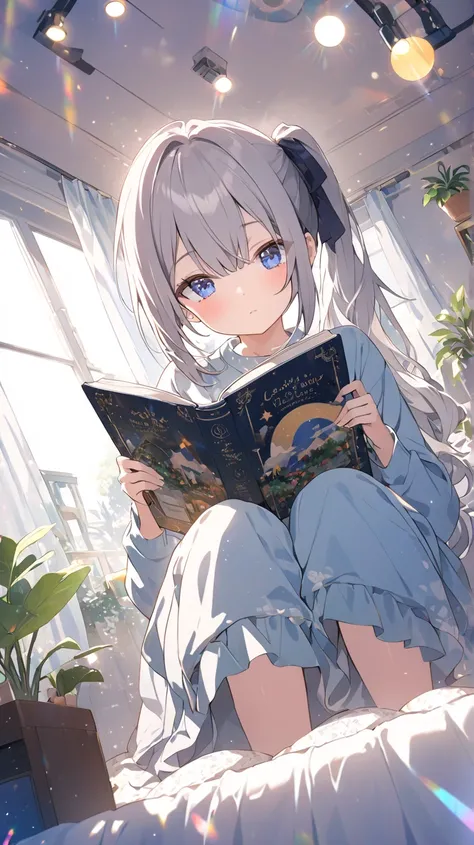 1 girl crouching, room、houseplants、curtains、Read a book while lying on your back、blue eyes, Grey Hair、side ponytail、from above、dutch angle, glitter effect, lens flare, 