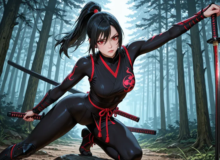 Kunoichi with black hair tied to a ponytail and red eyes. 