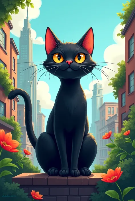 Black cat on top; cityscape and nature; cartoon style