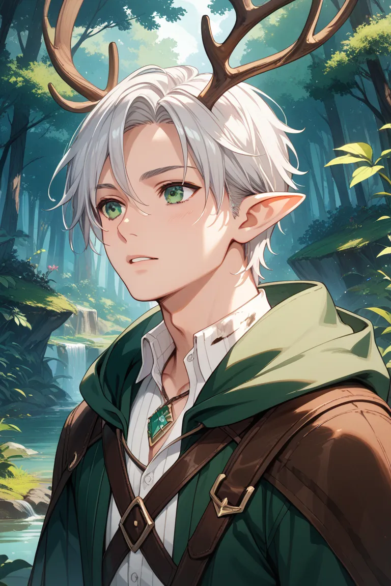 A male half-elf hunter with a mature appearance, looking around with deep green eyes that seem to perceive everything. He has long, silver-white hair reaching his shoulders. He wears a dark green hooded cloak, slightly tattered at the edges, and an inner l...