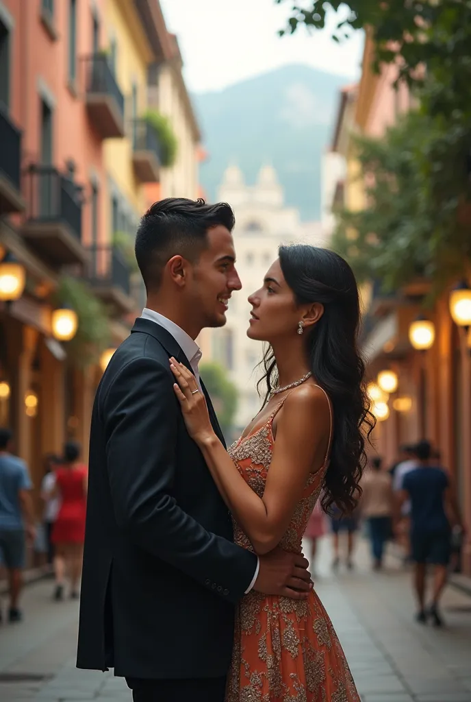 Draw this image of this engaged couple in Bogota Colombia in the background and that they are looking straight ahead, with the same faces and dresses