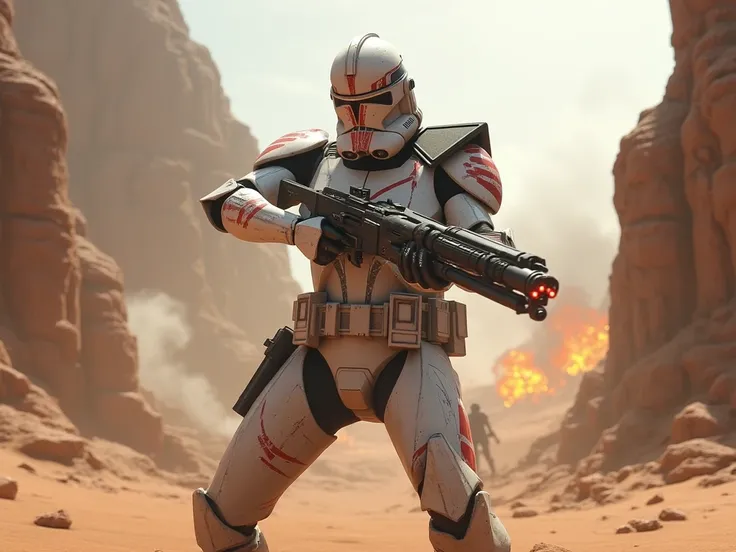 holding blaster rifle, armor,, helmet, male, white armor with red marking, red markings, red highlights, sand, cliff, canyon, explosions, realistic,