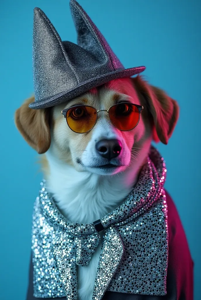 Best Mobile Wallpaper, Award Winning Wallpaper, Portrait Photography, Foreground Portrait of Cute Dog in Mid 60s Space Age Fashion, Side View, Taken with Canon EOS R5, Strong Contrast Adjustment Highlights Subject, Fluorescent Blue Tone, Wearing Very Trend...