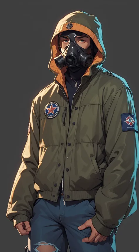  Masterpiece , beautiful illustration, man in gas mask, man in oversized jacket with lots of pockets 