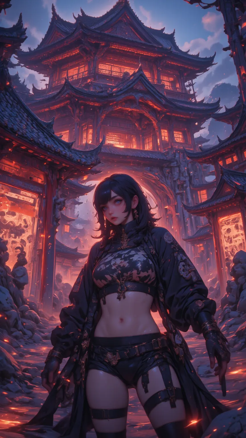 Female Ninja in Bikini,During combat, exposes abdomen,belly button piercing, black hair,ponytail,No trouble with right hand ,Shuriken on left hand,huge Japanese temple, at dusk ,Temple with Red and Gold Accents,dark shadows and shadowy atmosphere,dramatic ...