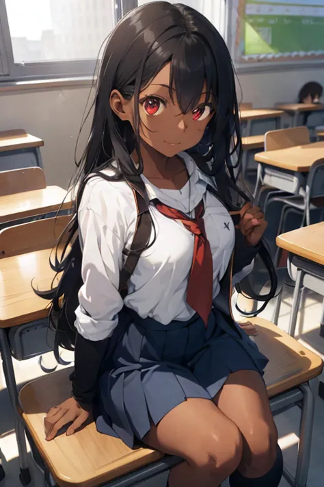 1 female, dark skin, brown skin, age girl, black long hair, red eyes, huge chest, school uniform, blue school jacket, blue skirt, thick legs, in the school, classroom, happy face, sitting down