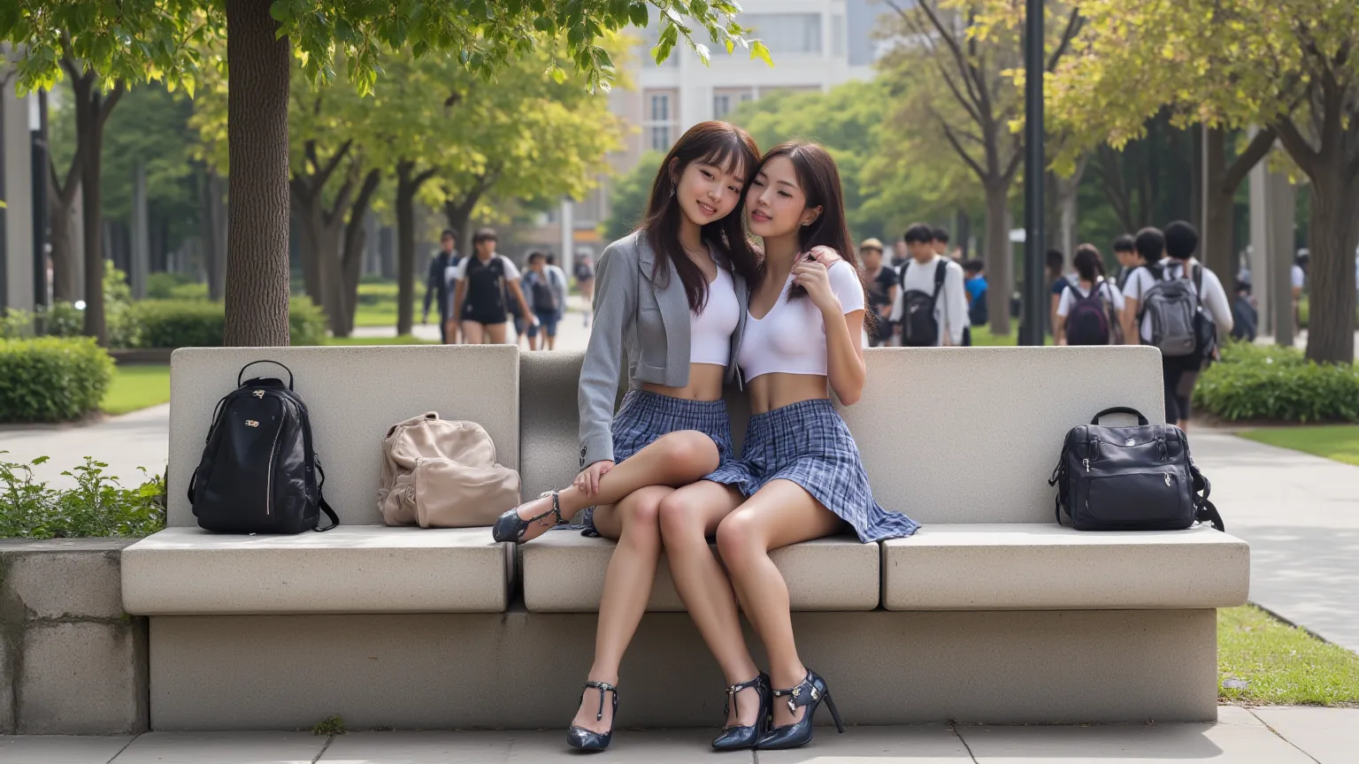 Two Asian School girls. cute with young faces.  wearing school girl uniforms and high heels.  micro mini skirts and crop tops.  Their breasts are very large.  You can see their cleavage. They are sitting on a bench in a high school campus.  Cuddling with e...