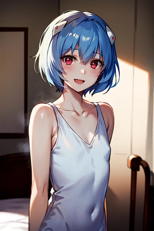 ((Best Quality)), ((masterpiece)), (be familiar with), perfect face, indoors, bedroom, viewer,
One woman, Rei Ayanami,
open mouth, steam clouds drift, blush, smile,
 small tits, flat chest, Young girl,  lori,  ,  girl,
Short Hair, short hair,
 open,