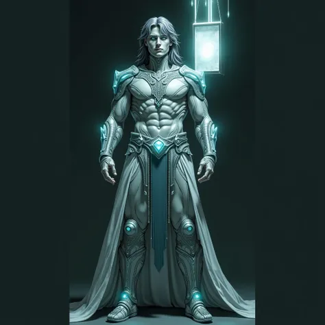 Well front lit image, Full body Hyper photo-realistic image of an Incredibly handsome 20 year old male model type. Masculine handsome Beautiful Celestial God of ice and snow. with v-shaped torso large lanky muscular body builder with narrow waist and well ...