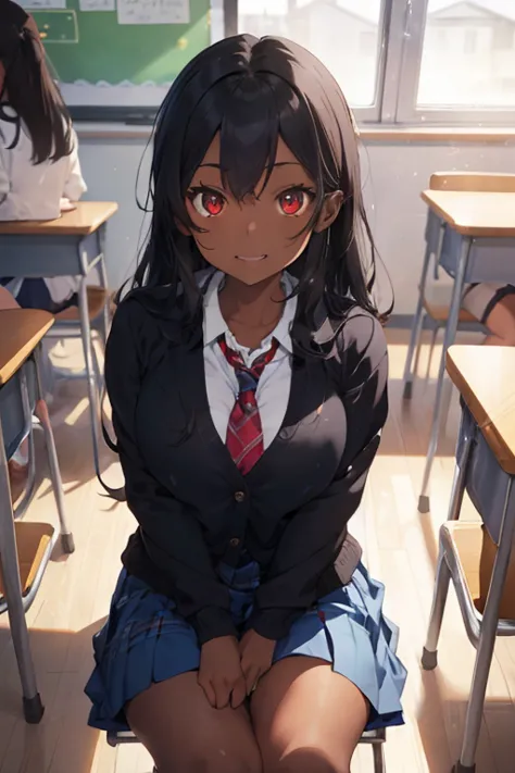 1 female, dark skin, brown skin, age girl, black long hair, red eyes, huge chest, school uniform, blue school jacket, blue skirt, thick legs, in the school, classroom, happy face, sitting down